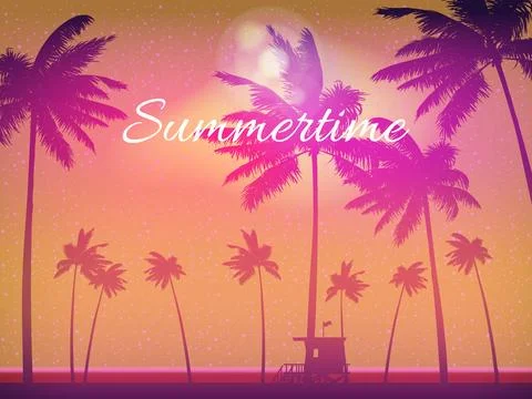 Summertime Sunset Beach Template Design Palms Banner, Flyer. Illustrazione stock