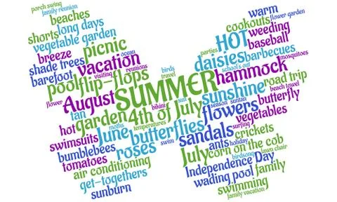 Summertime tag cloud in the shape of a butterfly Stock Illustration