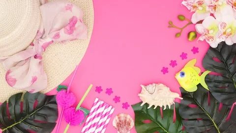 Summertime trendy decorations moving on pink background - Stop motion Stock Footage 128583446