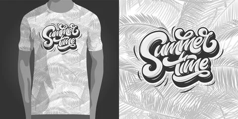 Summertime typography with tropical seamless pattern. Template for t-shirt .. Stock Illustration