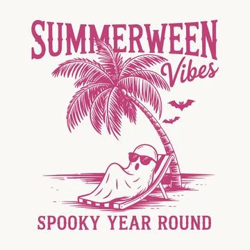 Summerween vibes spooky ghost chilling on beach tropical palm tree hallowee.. Stock Illustration