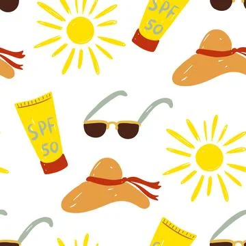 Summery seamless pattern, sun, hat and sun screen cream background, beach Stock Illustration