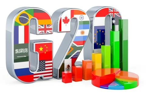 Summit G20 with growth bar graph and pie chart, 3D rendering Stock Illustration