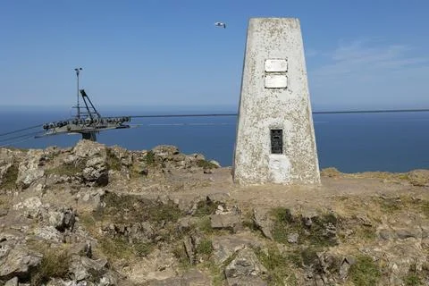 Summit marker at the top of the Great Orme, a limestone headland on the north Stock Photos