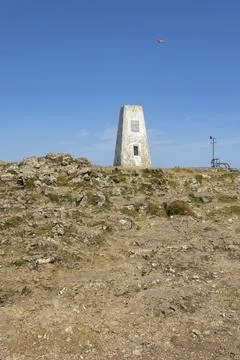 Summit marker at the top of the Great Orme, a limestone headland on the north Stock Photos