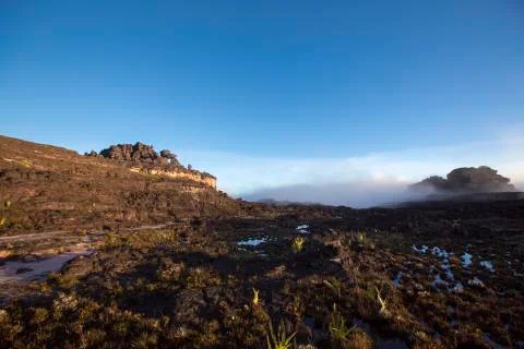 Summit of Mount Roraima, strange world made of volcanic black stones and pond Stock Photos