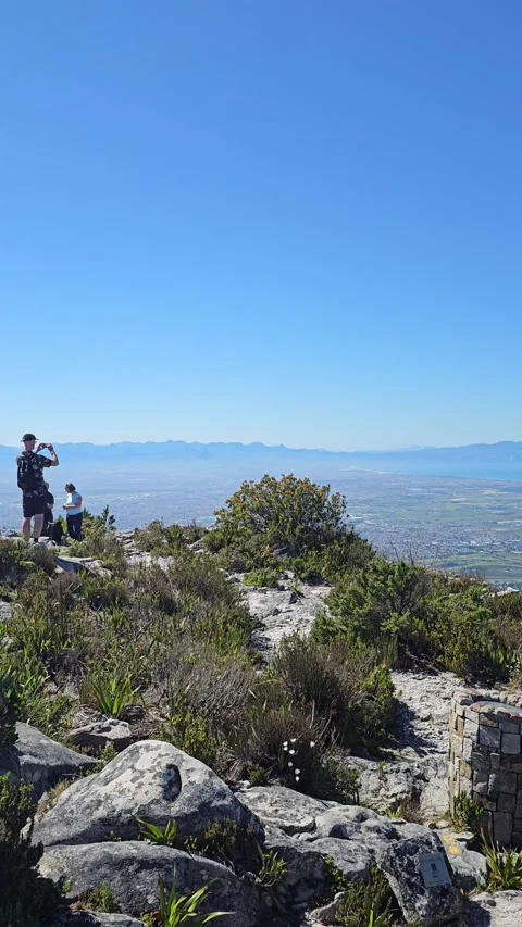 Summit View with Hikers, Table Mountain, Cape Town, South Africa – Vertical 8K Stock Footage 347933352