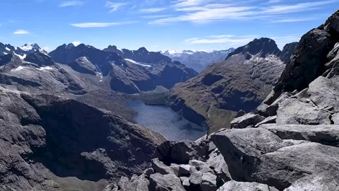 Summit View of Rugged Peaks and Lake Adelaide from Barrier Knob, Fiordland .. Video stock 295018167