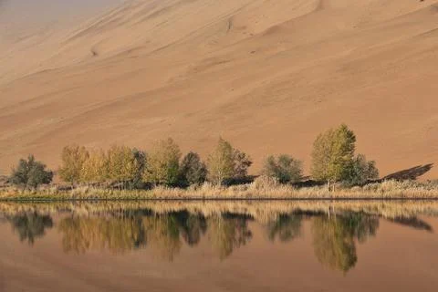 Sumu Jaran Lake's W.megadune-mirroring water-Badain Jaran Desert. Nei Mongol-CN Stock Photos