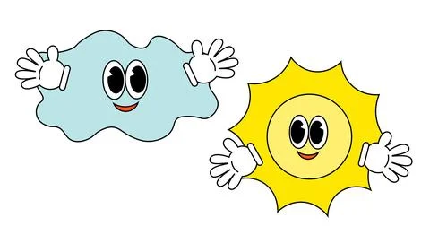 Sun and cloud. Character in Groovy cartoon style in color 스톡 일러스트