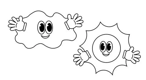 Sun and cloud. Character in Groovy cartoon style in black and white 스톡 일러스트
