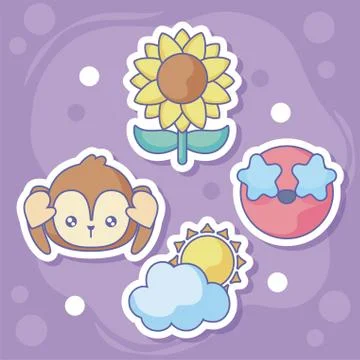 Sun and cloud with cute emojis around over purple background Stock Illustration