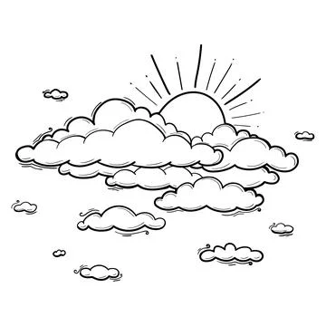 Sun and Cloud drawing in engraving outline style. Vector illustration 스톡 일러스트