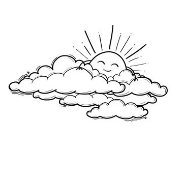 Sun and Cloud drawing in engraving outline style. Vector illustration Illustrazione stock