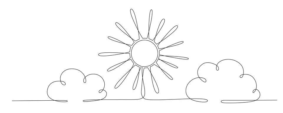 Sun and cloud - hand drawing one single continuous line banner. Vector stock Stock Illustration