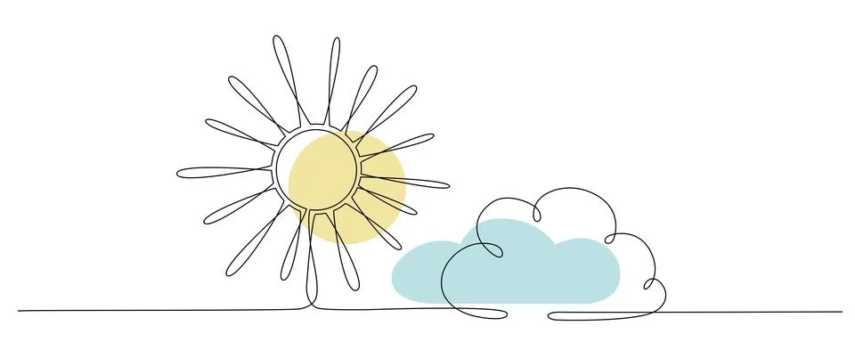 Sun and cloud - hand drawing one single continuous line banner. Vector stock Illustrazione stock