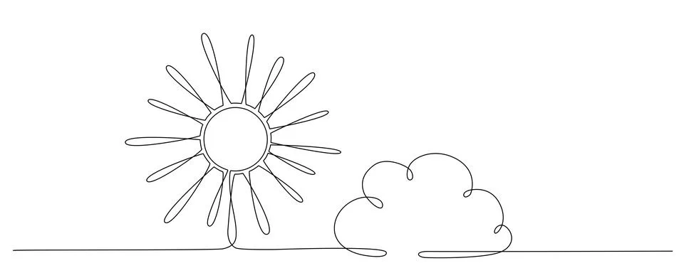 Sun and cloud - hand drawing one single continuous line banner. Vector stock Illustrazione stock