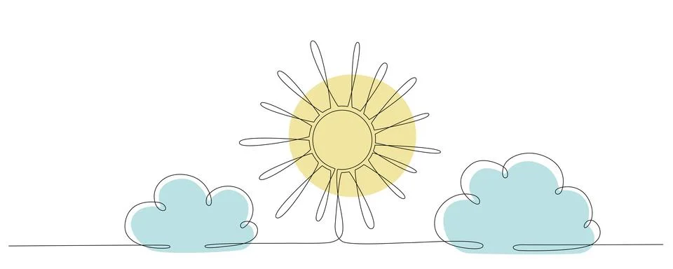 Sun and cloud - hand drawing one single continuous line banner. Vector stock Stock Illustration