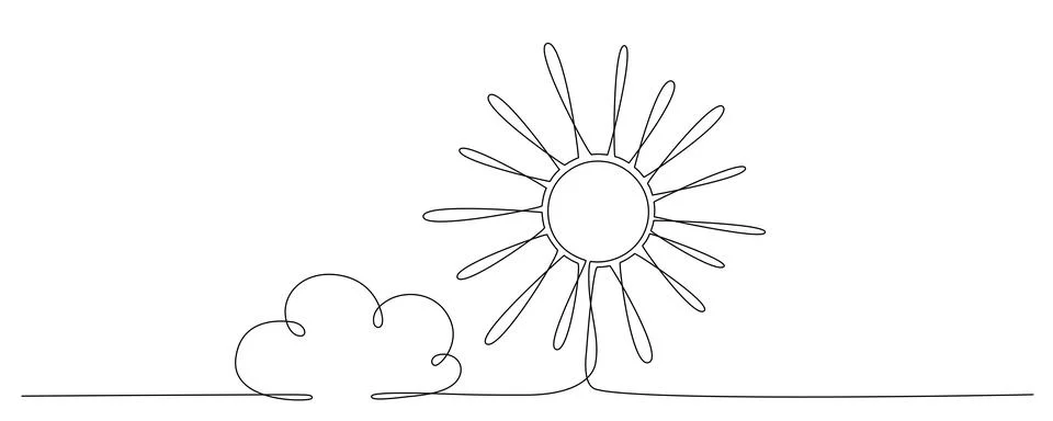 Sun and cloud - hand drawing one single continuous line banner. Vector stock Illustrazione stock