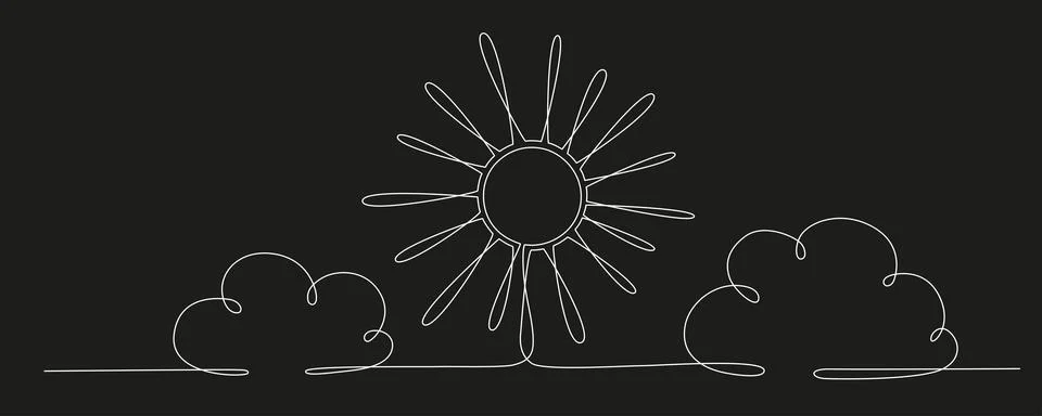 Sun and cloud - hand drawing one single continuous line banner. Vector stock Illustrazione stock