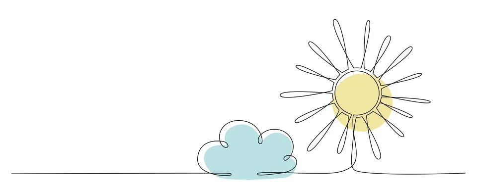 Sun and cloud - hand drawing one single continuous line banner. Vector stock Stock Illustration