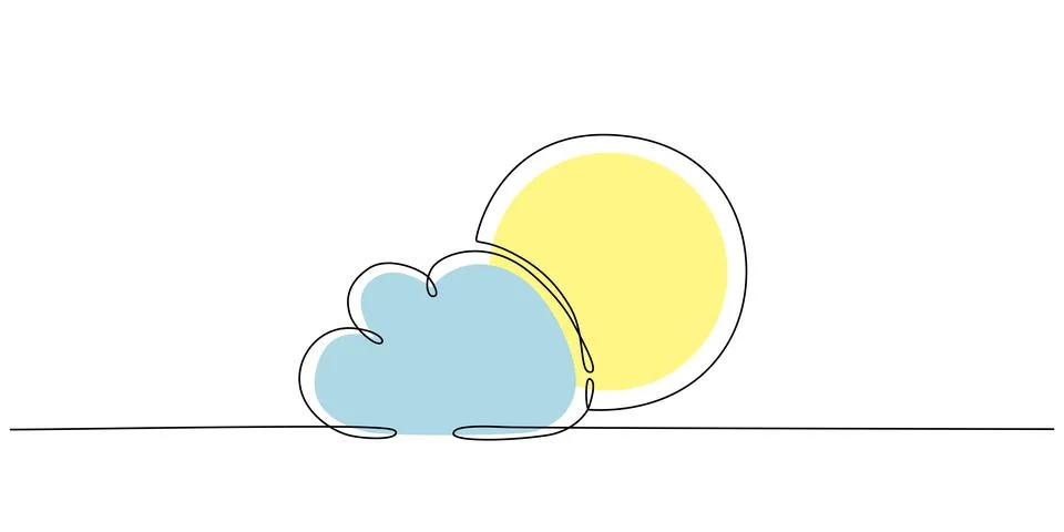 Sun and cloud - hand drawing one single continuous line banner. Vector stock Illustrazione stock