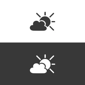 Sun and cloud. Icon on black and white background. Weather vector illustratio Stock Illustration