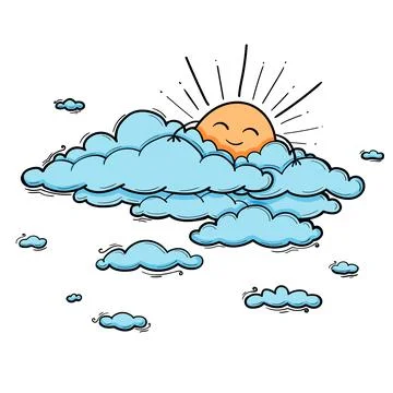 Sun and Cloud kids drawing for nursery in cartoon outline style. Blue boy vector Stock Illustration