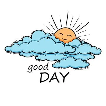 Sun and Cloud kids drawing for nursery in cartoon outline style. Boy blue vector Stock Illustration