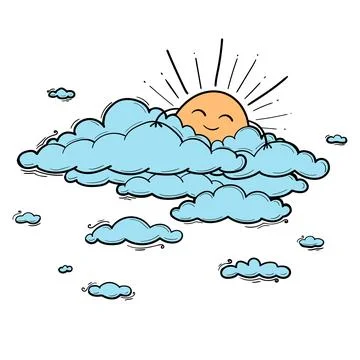 Sun and Cloud kids drawing for nursery in cartoon outline style. Blue boy vector Stock Illustration
