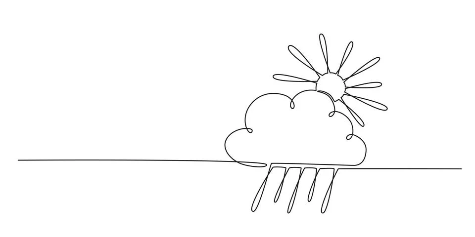 Sun and cloud with rain - hand drawing one single continuous line banner. Vector Stock Illustration