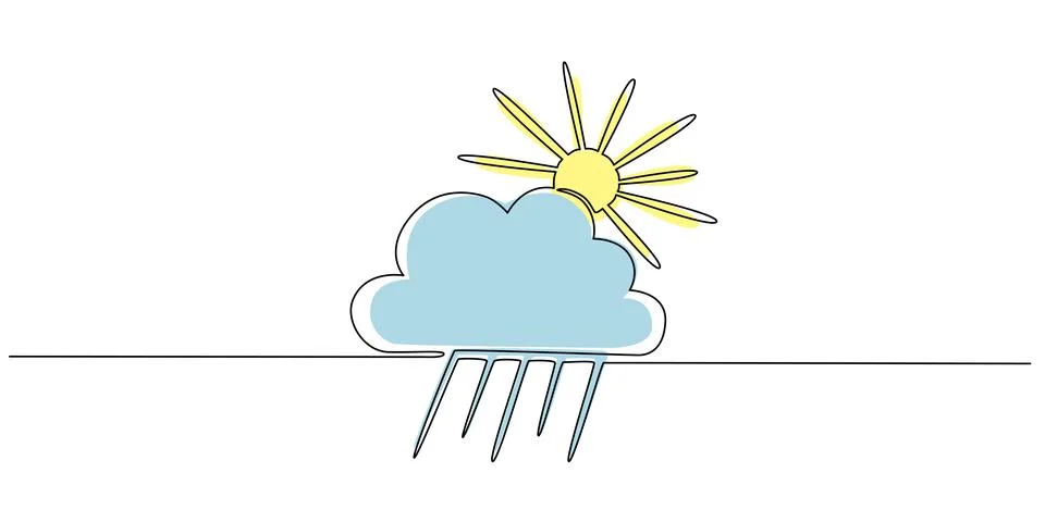 Sun and cloud with rain - hand drawing one single continuous line banner. Vector Illustrazione stock