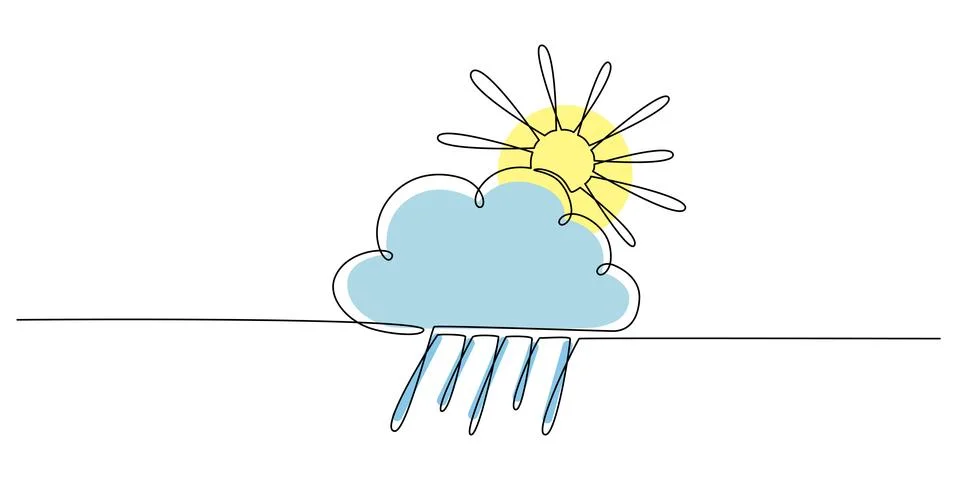 Sun and cloud with rain - hand drawing one single continuous line banner. Vector Illustrazione stock