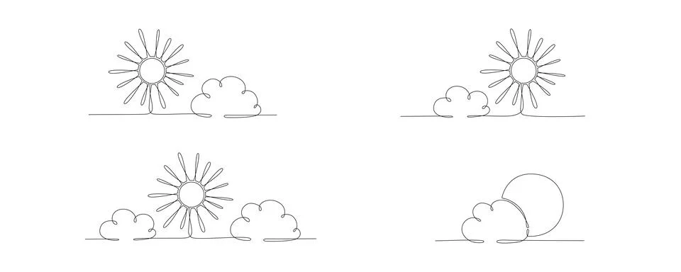 Sun and cloud set - hand drawing one single continuous line banner. Vector stock Illustrazione stock