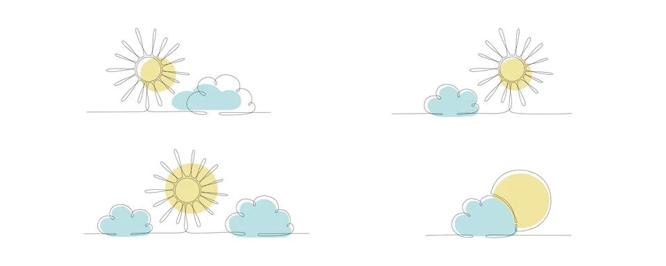 Sun and cloud set - hand drawing one single continuous line banner. Vector stock Illustrazione stock