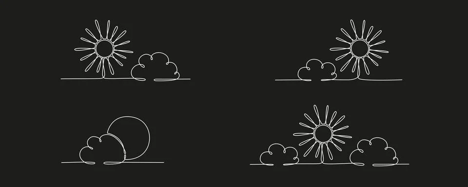 Sun and cloud set - hand drawing one single continuous line banner. Vector stock Illustrazione stock
