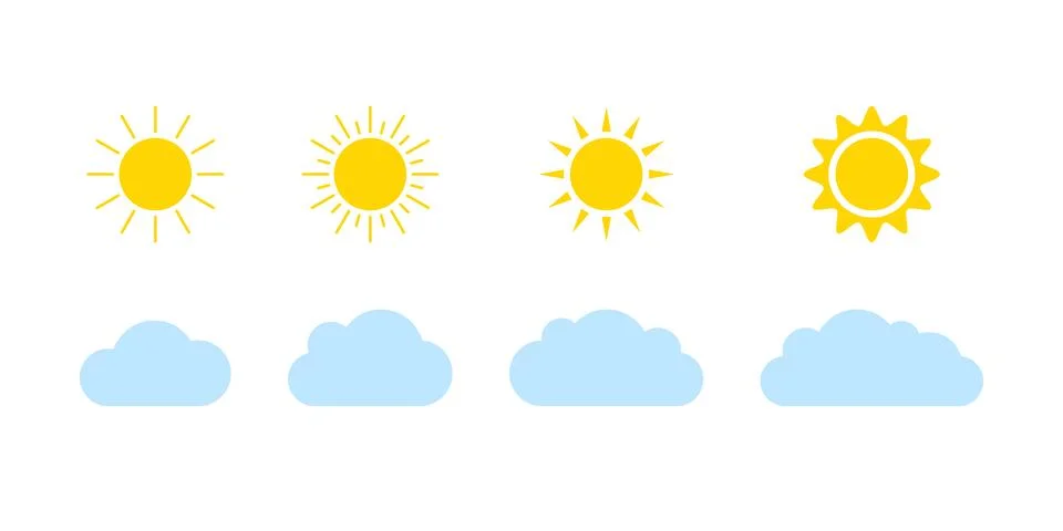 Sun and cloud on sky set, weather icon. Simple flat style of different sun and 스톡 일러스트