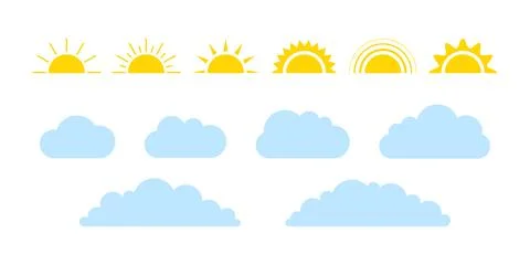 Sun and cloud on sky set, weather icon. Simple flat style of different half sun Stock Illustration