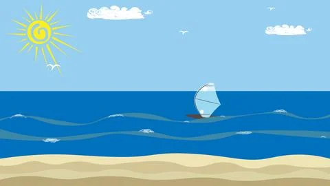Sun and clouds in a blue sky, calm sea with a sailing board, sandy beach. The Stock Illustration