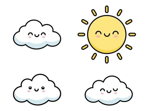 Sun and Clouds Faces Set with Happy Smiling Expressions Flat Vector Illustr.. Illustrazione stock