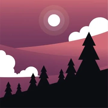 Sun and clouds over pine trees at mountain silhouette vector design Stockillustratie