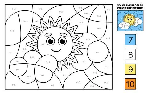 Sun and clouds in sky. Solve the problem, color the picture. Coloring book Stock Illustration