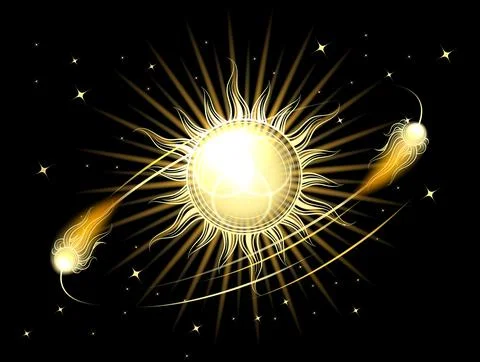 Sun and Comets Esoteric Symbols Vintage Illustration in Engraving Style Stock Illustration