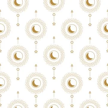 Sun and crescent abstract flat line style geometric seamless pattern art Stock Illustration