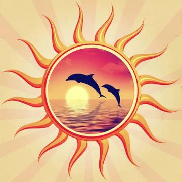 Sun and dolphins Stock Illustration