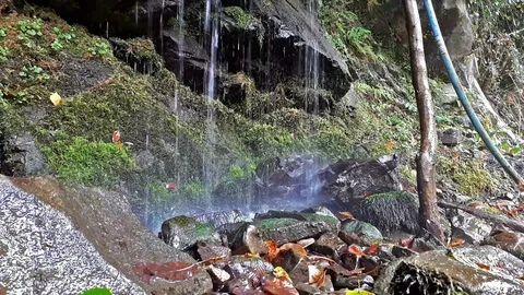 Sun and drops of water from a waterfall Stockbeeldmateriaal 81662375