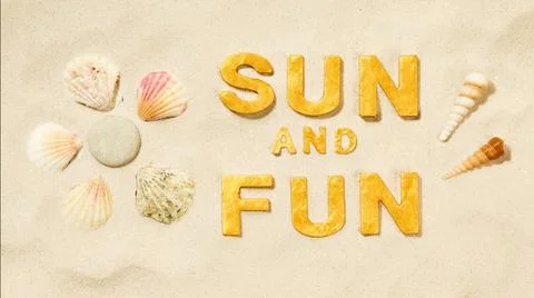 Sun And Fun - Text in white beach sand Sun And Fun - Text in white beach s... Stock-Fotos