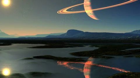 The sun and the gas giant in the reflection of water Stock Footage 53368155