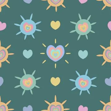 Sun and heart. Seamless pattern. Colorful symbols. Endless shining ornament. Stock Illustration