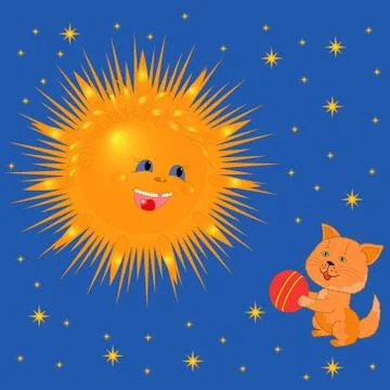 Sun and kitten with a ball Stock Illustration